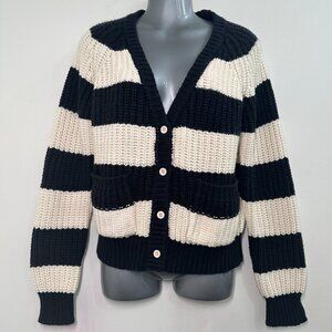 Trovata Birds of Paradis Chunky Knit Black & White Striped V-Neck Cardigan - XS